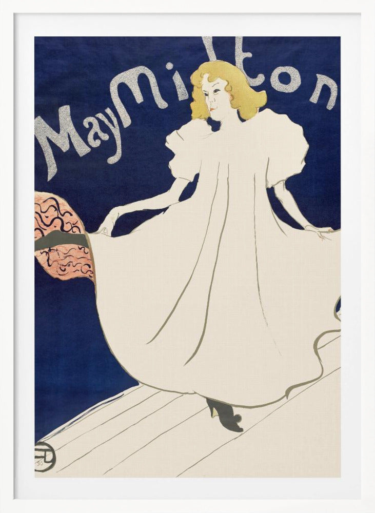 An Art Nouveau poster by Henri de Toulouse-Lautrec for the dancer May Milton. A blonde woman in a voluminous white dress stands on a stage against a deep blue background, looking back at the viewer. She lifts her skirt to reveal a pink and black lining. The name 'May Milton' is written in a stylized silver font. Wall Art