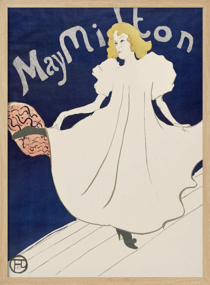 An Art Nouveau poster by Henri de Toulouse-Lautrec for the dancer May Milton. A blonde woman in a voluminous white dress stands on a stage against a deep blue background, looking back at the viewer. She lifts her skirt to reveal a pink and black lining. The name 'May Milton' is written in a stylized silver font. Wall Art