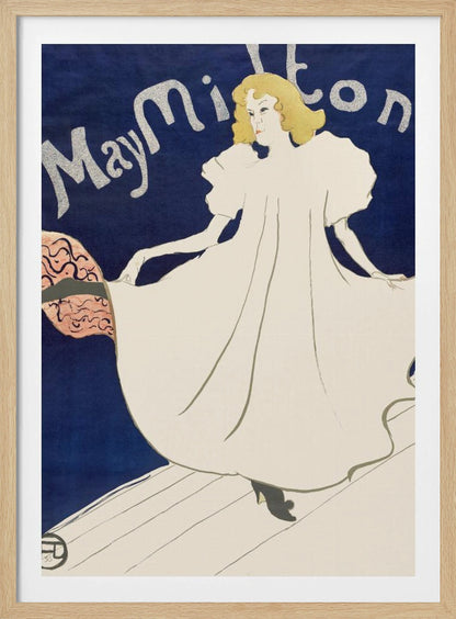 An Art Nouveau poster by Henri de Toulouse-Lautrec for the dancer May Milton. A blonde woman in a voluminous white dress stands on a stage against a deep blue background, looking back at the viewer. She lifts her skirt to reveal a pink and black lining. The name 'May Milton' is written in a stylized silver font. Wall Art
