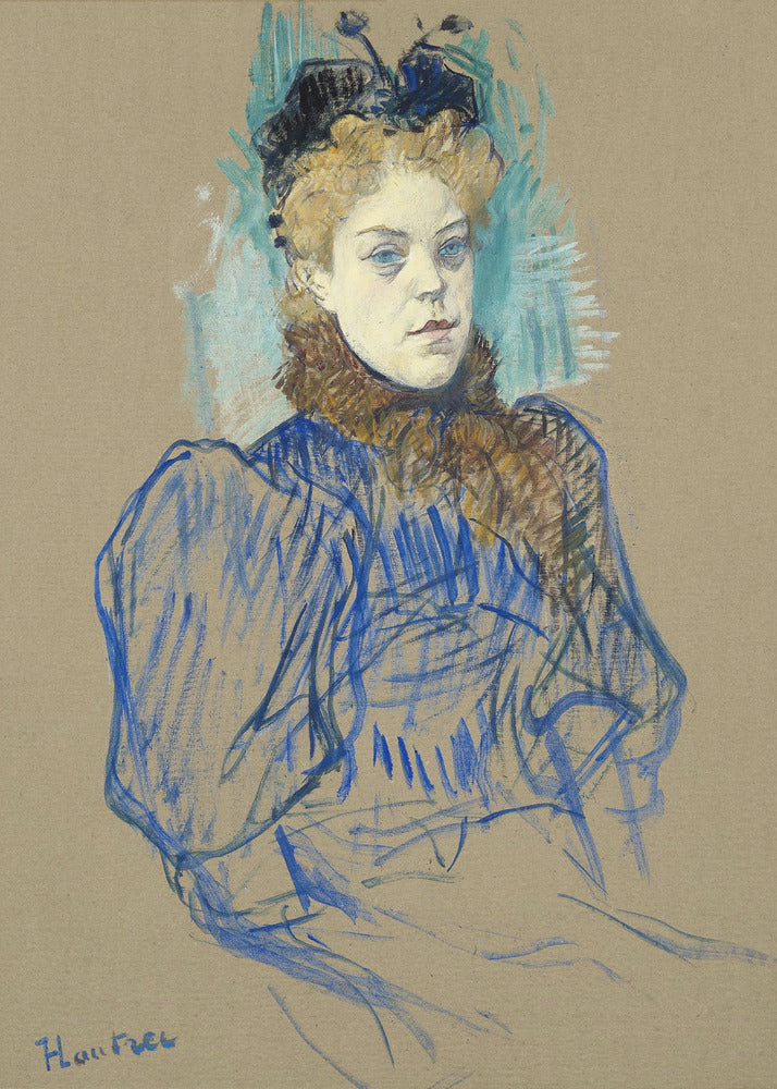 A portrait sketch by Henri de Toulouse-Lautrec of a woman with curly blonde hair and a black hat. She wears a blue dress with large sleeves and a brown fur collar, rendered in expressive pastel strokes on tan paper. Wall Art