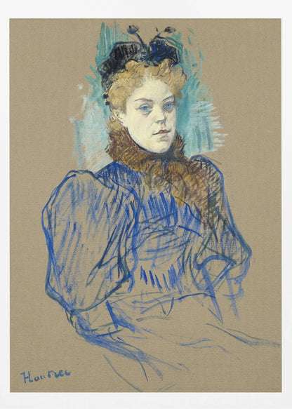A portrait sketch by Henri de Toulouse-Lautrec of a woman with curly blonde hair and a black hat. She wears a blue dress with large sleeves and a brown fur collar, rendered in expressive pastel strokes on tan paper. Wall Art