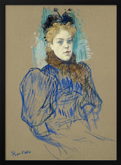 A portrait sketch by Henri de Toulouse-Lautrec of a woman with curly blonde hair and a black hat. She wears a blue dress with large sleeves and a brown fur collar, rendered in expressive pastel strokes on tan paper. Wall Art