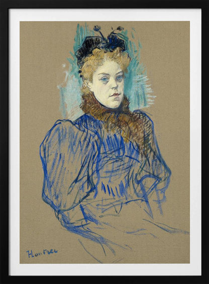 A portrait sketch by Henri de Toulouse-Lautrec of a woman with curly blonde hair and a black hat. She wears a blue dress with large sleeves and a brown fur collar, rendered in expressive pastel strokes on tan paper. Wall Art