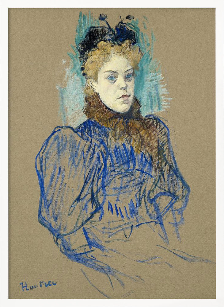 A portrait sketch by Henri de Toulouse-Lautrec of a woman with curly blonde hair and a black hat. She wears a blue dress with large sleeves and a brown fur collar, rendered in expressive pastel strokes on tan paper. Wall Art
