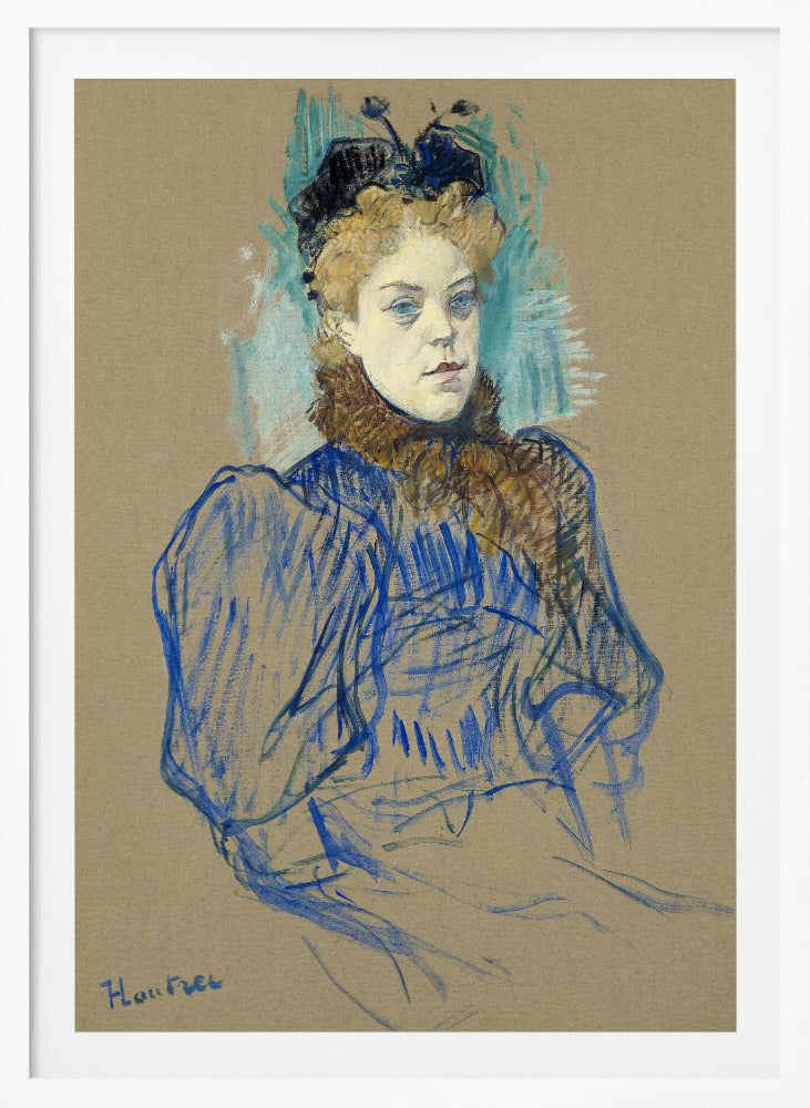 A portrait sketch by Henri de Toulouse-Lautrec of a woman with curly blonde hair and a black hat. She wears a blue dress with large sleeves and a brown fur collar, rendered in expressive pastel strokes on tan paper. Wall Art