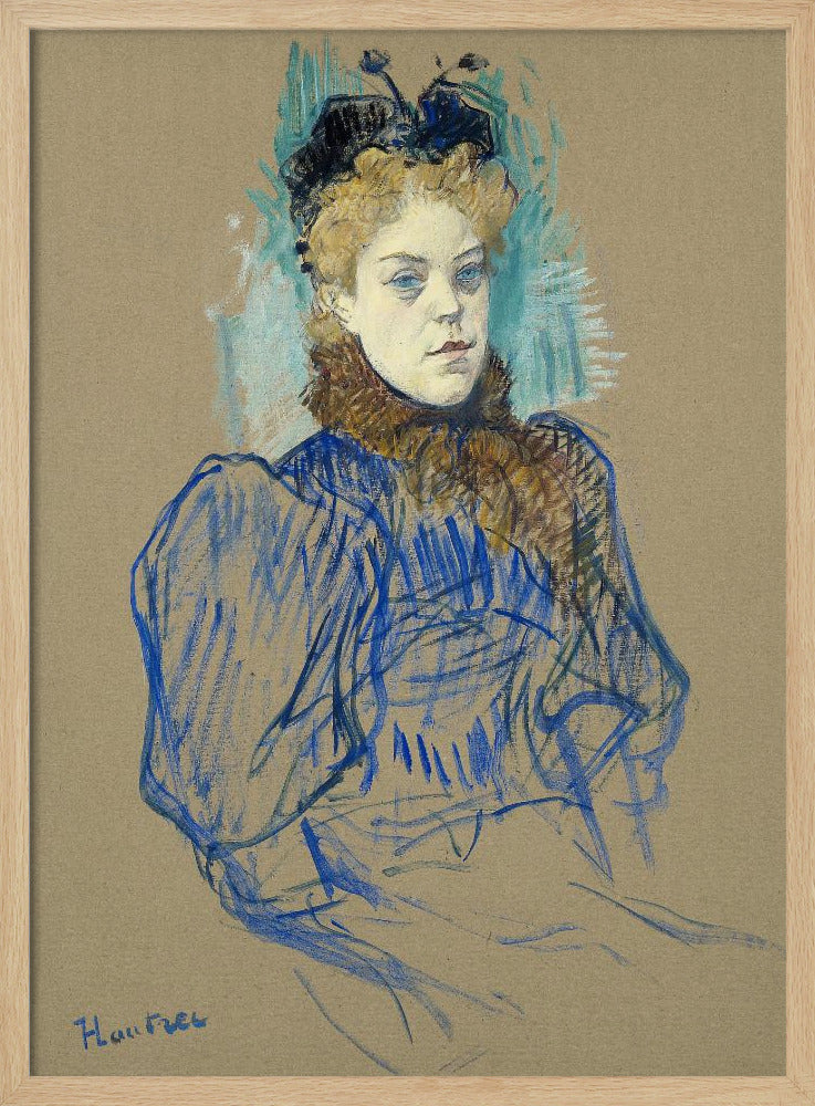 A portrait sketch by Henri de Toulouse-Lautrec of a woman with curly blonde hair and a black hat. She wears a blue dress with large sleeves and a brown fur collar, rendered in expressive pastel strokes on tan paper. Wall Art
