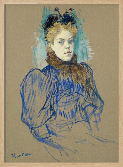 A portrait sketch by Henri de Toulouse-Lautrec of a woman with curly blonde hair and a black hat. She wears a blue dress with large sleeves and a brown fur collar, rendered in expressive pastel strokes on tan paper. Wall Art