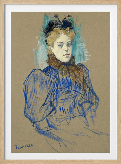 A portrait sketch by Henri de Toulouse-Lautrec of a woman with curly blonde hair and a black hat. She wears a blue dress with large sleeves and a brown fur collar, rendered in expressive pastel strokes on tan paper. Wall Art