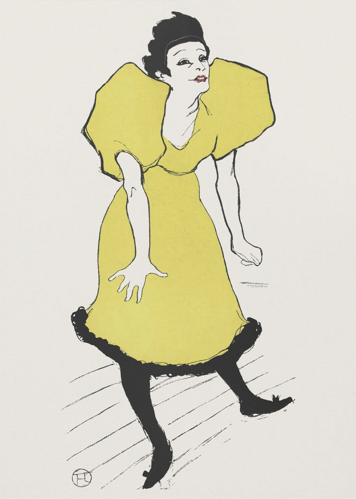 A vintage poster by Henri de Toulouse-Lautrec titled 'Yvette Guilbert', featuring a stylized illustration of the French singer. She is depicted wearing a bright yellow dress with voluminous puff sleeves and black stockings, leaning forward with a whimsical expression against a plain off-white background. The artwork is framed in black. Poster