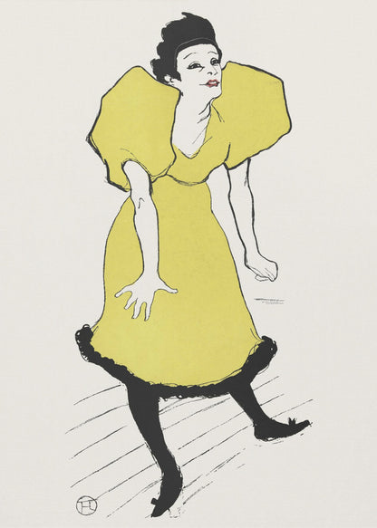 A vintage poster by Henri de Toulouse-Lautrec titled 'Yvette Guilbert', featuring a stylized illustration of the French singer. She is depicted wearing a bright yellow dress with voluminous puff sleeves and black stockings, leaning forward with a whimsical expression against a plain off-white background. The artwork is framed in black. Poster