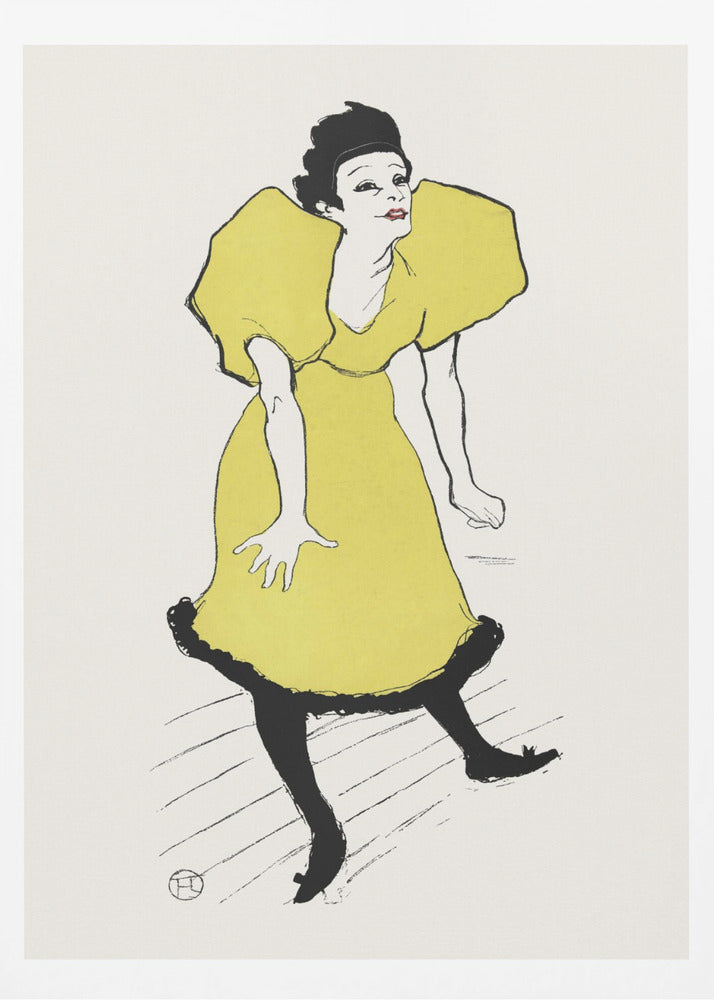 A vintage poster by Henri de Toulouse-Lautrec titled 'Yvette Guilbert', featuring a stylized illustration of the French singer. She is depicted wearing a bright yellow dress with voluminous puff sleeves and black stockings, leaning forward with a whimsical expression against a plain off-white background. The artwork is framed in black. Poster