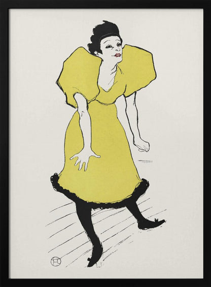 A vintage poster by Henri de Toulouse-Lautrec titled 'Yvette Guilbert', featuring a stylized illustration of the French singer. She is depicted wearing a bright yellow dress with voluminous puff sleeves and black stockings, leaning forward with a whimsical expression against a plain off-white background. The artwork is framed in black. Poster