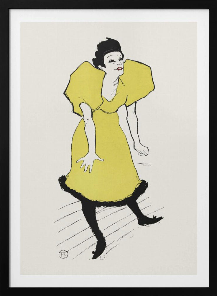 A vintage poster by Henri de Toulouse-Lautrec titled 'Yvette Guilbert', featuring a stylized illustration of the French singer. She is depicted wearing a bright yellow dress with voluminous puff sleeves and black stockings, leaning forward with a whimsical expression against a plain off-white background. The artwork is framed in black. Poster