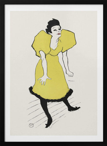 A vintage poster by Henri de Toulouse-Lautrec titled 'Yvette Guilbert', featuring a stylized illustration of the French singer. She is depicted wearing a bright yellow dress with voluminous puff sleeves and black stockings, leaning forward with a whimsical expression against a plain off-white background. The artwork is framed in black. Poster