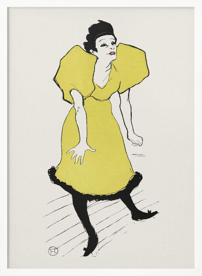 A vintage poster by Henri de Toulouse-Lautrec titled 'Yvette Guilbert', featuring a stylized illustration of the French singer. She is depicted wearing a bright yellow dress with voluminous puff sleeves and black stockings, leaning forward with a whimsical expression against a plain off-white background. The artwork is framed in black. Poster
