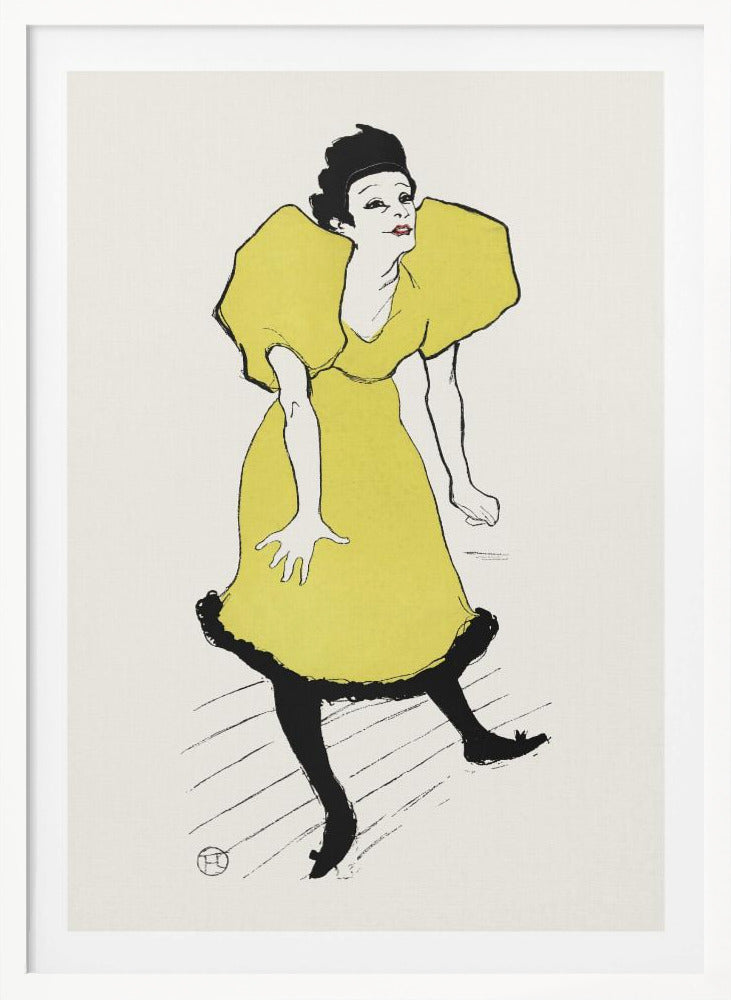 A vintage poster by Henri de Toulouse-Lautrec titled 'Yvette Guilbert', featuring a stylized illustration of the French singer. She is depicted wearing a bright yellow dress with voluminous puff sleeves and black stockings, leaning forward with a whimsical expression against a plain off-white background. The artwork is framed in black. Poster