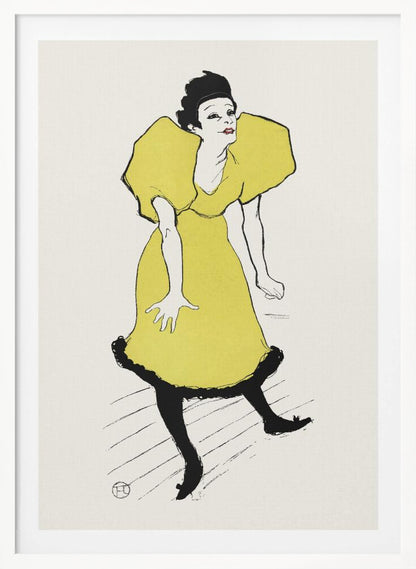 A vintage poster by Henri de Toulouse-Lautrec titled 'Yvette Guilbert', featuring a stylized illustration of the French singer. She is depicted wearing a bright yellow dress with voluminous puff sleeves and black stockings, leaning forward with a whimsical expression against a plain off-white background. The artwork is framed in black. Poster