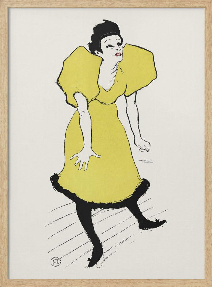 A vintage poster by Henri de Toulouse-Lautrec titled 'Yvette Guilbert', featuring a stylized illustration of the French singer. She is depicted wearing a bright yellow dress with voluminous puff sleeves and black stockings, leaning forward with a whimsical expression against a plain off-white background. The artwork is framed in black. Poster