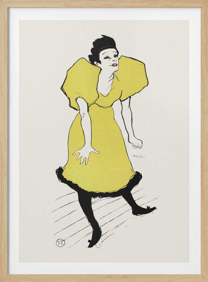 A vintage poster by Henri de Toulouse-Lautrec titled 'Yvette Guilbert', featuring a stylized illustration of the French singer. She is depicted wearing a bright yellow dress with voluminous puff sleeves and black stockings, leaning forward with a whimsical expression against a plain off-white background. The artwork is framed in black. Poster
