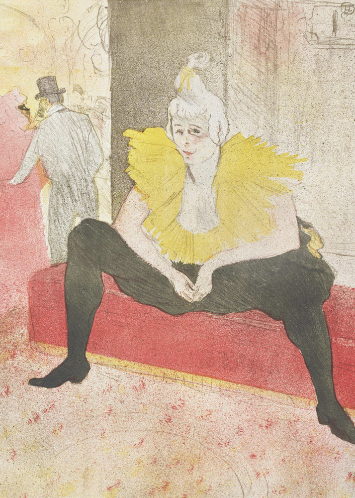 A vintage artwork by Henri de Toulouse-Lautrec featuring a female clown, Mademoiselle Cha-u-kao, seated on a red bench. She wears a vibrant yellow ruffled collar and black leggings, with a pensive expression on her face. The background depicts a bustling cabaret scene. Artwork