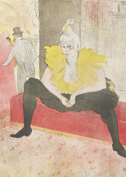 A vintage artwork by Henri de Toulouse-Lautrec featuring a female clown, Mademoiselle Cha-u-kao, seated on a red bench. She wears a vibrant yellow ruffled collar and black leggings, with a pensive expression on her face. The background depicts a bustling cabaret scene. Artwork