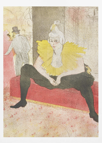 A vintage artwork by Henri de Toulouse-Lautrec featuring a female clown, Mademoiselle Cha-u-kao, seated on a red bench. She wears a vibrant yellow ruffled collar and black leggings, with a pensive expression on her face. The background depicts a bustling cabaret scene. Artwork