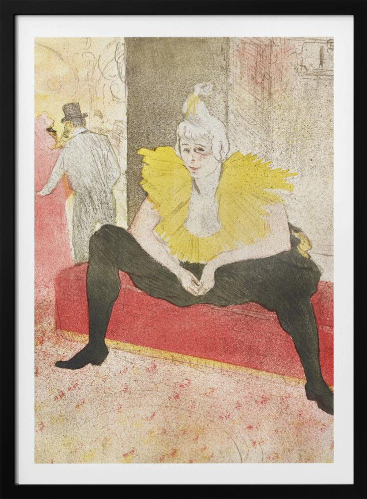 A vintage artwork by Henri de Toulouse-Lautrec featuring a female clown, Mademoiselle Cha-u-kao, seated on a red bench. She wears a vibrant yellow ruffled collar and black leggings, with a pensive expression on her face. The background depicts a bustling cabaret scene. Artwork