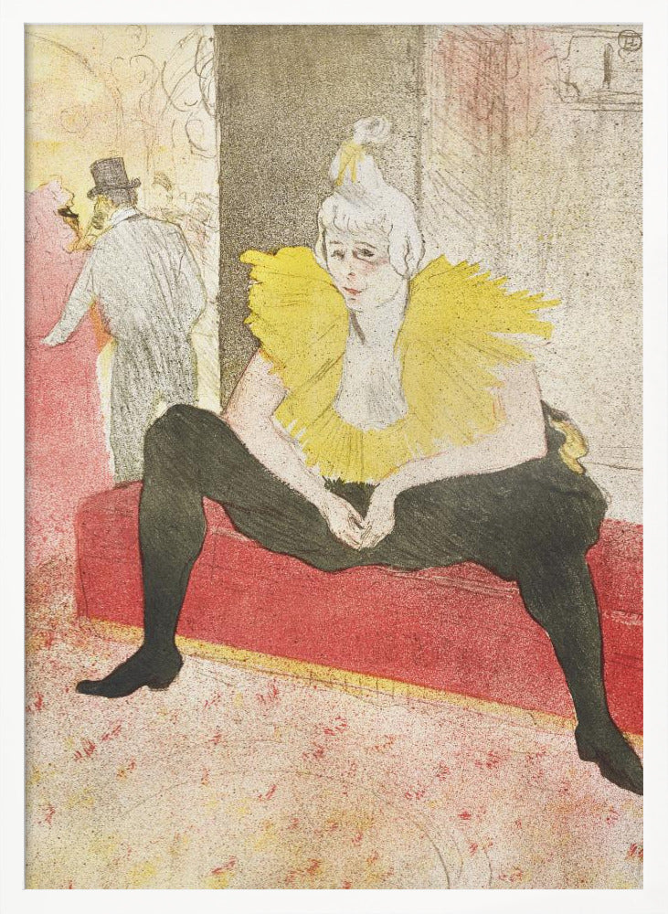 A vintage artwork by Henri de Toulouse-Lautrec featuring a female clown, Mademoiselle Cha-u-kao, seated on a red bench. She wears a vibrant yellow ruffled collar and black leggings, with a pensive expression on her face. The background depicts a bustling cabaret scene. Artwork
