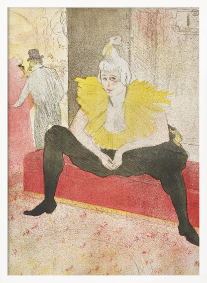 A vintage artwork by Henri de Toulouse-Lautrec featuring a female clown, Mademoiselle Cha-u-kao, seated on a red bench. She wears a vibrant yellow ruffled collar and black leggings, with a pensive expression on her face. The background depicts a bustling cabaret scene. Artwork