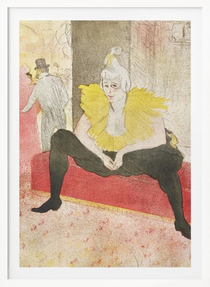 A vintage artwork by Henri de Toulouse-Lautrec featuring a female clown, Mademoiselle Cha-u-kao, seated on a red bench. She wears a vibrant yellow ruffled collar and black leggings, with a pensive expression on her face. The background depicts a bustling cabaret scene. Artwork