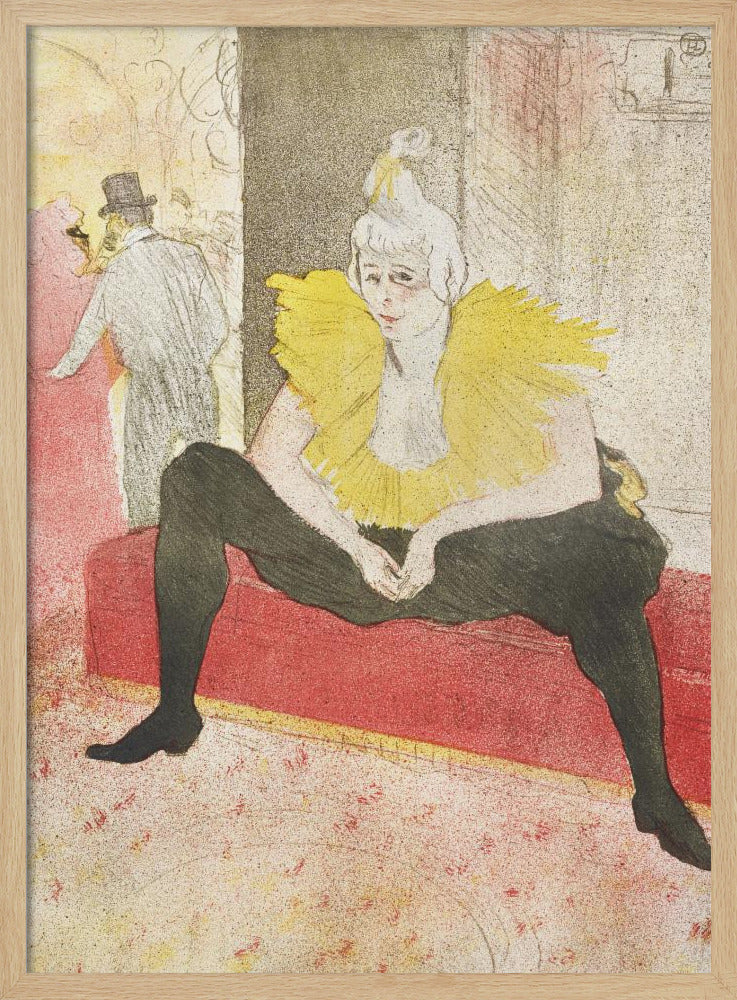 A vintage artwork by Henri de Toulouse-Lautrec featuring a female clown, Mademoiselle Cha-u-kao, seated on a red bench. She wears a vibrant yellow ruffled collar and black leggings, with a pensive expression on her face. The background depicts a bustling cabaret scene. Artwork