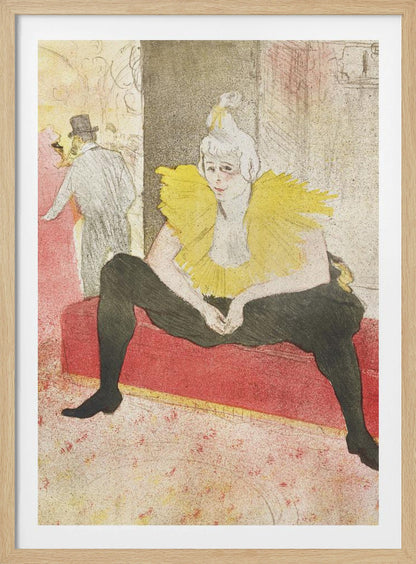 A vintage artwork by Henri de Toulouse-Lautrec featuring a female clown, Mademoiselle Cha-u-kao, seated on a red bench. She wears a vibrant yellow ruffled collar and black leggings, with a pensive expression on her face. The background depicts a bustling cabaret scene. Artwork