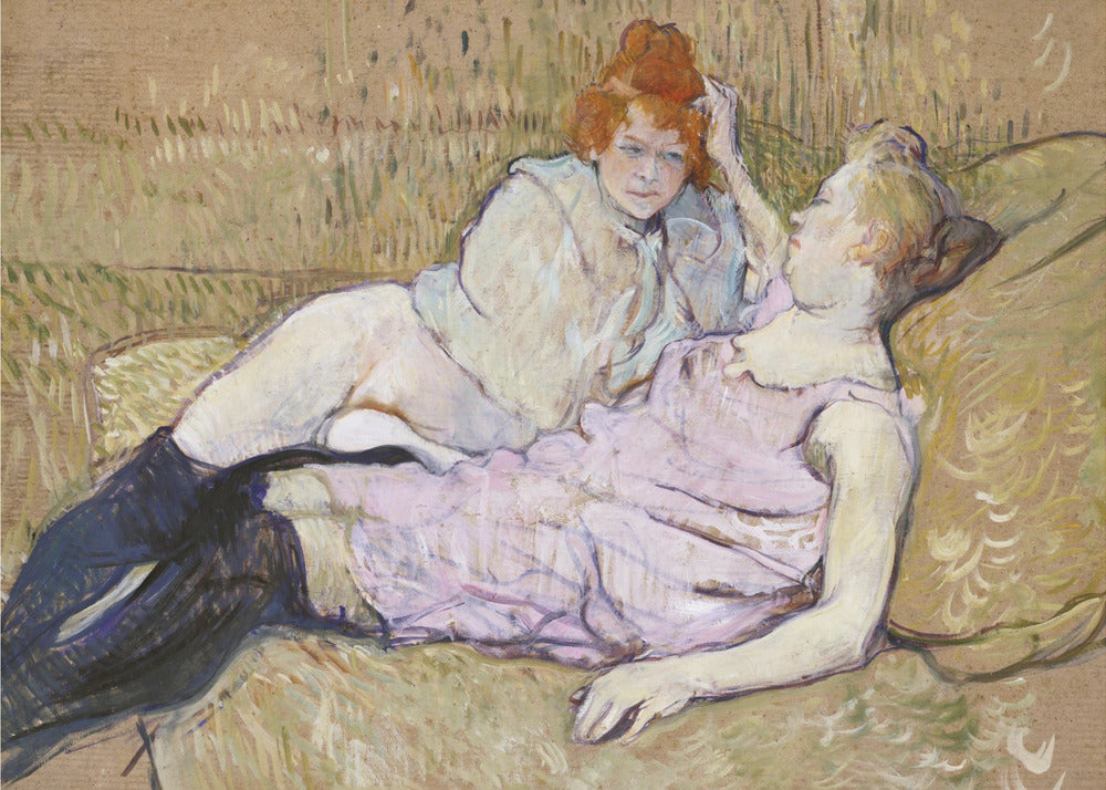 A Post-Impressionist painting by Henri de Toulouse-Lautrec titled 'The Sofa,' depicting two women lounging together on a greenish-tan couch. One woman with vibrant red hair, propped up on her elbow, looks down at her companion, who is lying back wearing a light pink dress and black stockings. The style is loose and painterly. Artwork