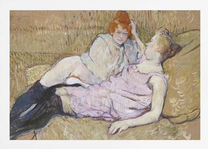 A Post-Impressionist painting by Henri de Toulouse-Lautrec titled 'The Sofa,' depicting two women lounging together on a greenish-tan couch. One woman with vibrant red hair, propped up on her elbow, looks down at her companion, who is lying back wearing a light pink dress and black stockings. The style is loose and painterly. Artwork