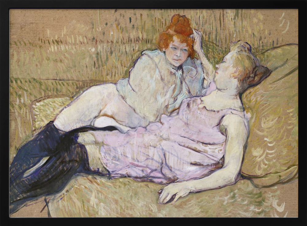 A Post-Impressionist painting by Henri de Toulouse-Lautrec titled 'The Sofa,' depicting two women lounging together on a greenish-tan couch. One woman with vibrant red hair, propped up on her elbow, looks down at her companion, who is lying back wearing a light pink dress and black stockings. The style is loose and painterly. Artwork
