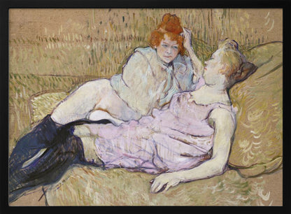 A Post-Impressionist painting by Henri de Toulouse-Lautrec titled 'The Sofa,' depicting two women lounging together on a greenish-tan couch. One woman with vibrant red hair, propped up on her elbow, looks down at her companion, who is lying back wearing a light pink dress and black stockings. The style is loose and painterly. Artwork
