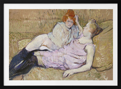 A Post-Impressionist painting by Henri de Toulouse-Lautrec titled 'The Sofa,' depicting two women lounging together on a greenish-tan couch. One woman with vibrant red hair, propped up on her elbow, looks down at her companion, who is lying back wearing a light pink dress and black stockings. The style is loose and painterly. Artwork