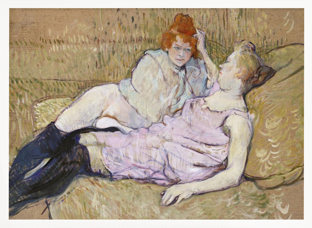 A Post-Impressionist painting by Henri de Toulouse-Lautrec titled 'The Sofa,' depicting two women lounging together on a greenish-tan couch. One woman with vibrant red hair, propped up on her elbow, looks down at her companion, who is lying back wearing a light pink dress and black stockings. The style is loose and painterly. Artwork