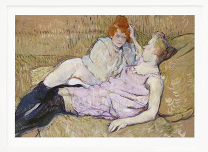 A Post-Impressionist painting by Henri de Toulouse-Lautrec titled 'The Sofa,' depicting two women lounging together on a greenish-tan couch. One woman with vibrant red hair, propped up on her elbow, looks down at her companion, who is lying back wearing a light pink dress and black stockings. The style is loose and painterly. Artwork