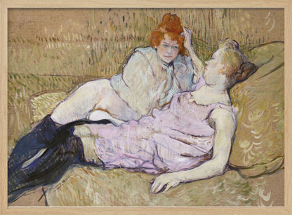 A Post-Impressionist painting by Henri de Toulouse-Lautrec titled 'The Sofa,' depicting two women lounging together on a greenish-tan couch. One woman with vibrant red hair, propped up on her elbow, looks down at her companion, who is lying back wearing a light pink dress and black stockings. The style is loose and painterly. Artwork