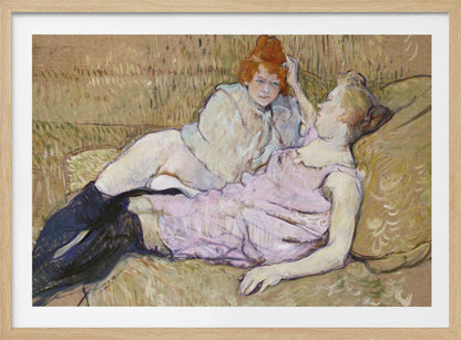 A Post-Impressionist painting by Henri de Toulouse-Lautrec titled 'The Sofa,' depicting two women lounging together on a greenish-tan couch. One woman with vibrant red hair, propped up on her elbow, looks down at her companion, who is lying back wearing a light pink dress and black stockings. The style is loose and painterly. Artwork