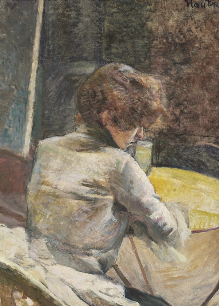 An oil painting in a Post-Impressionist style depicting a woman with reddish-brown hair, seen from behind. She is wearing a white blouse and is seated at a yellow table, leaning forward to look at her drink. The background is dark and textured, and the artist's signature is in the top right. Wall Art