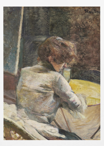 An oil painting in a Post-Impressionist style depicting a woman with reddish-brown hair, seen from behind. She is wearing a white blouse and is seated at a yellow table, leaning forward to look at her drink. The background is dark and textured, and the artist's signature is in the top right. Wall Art