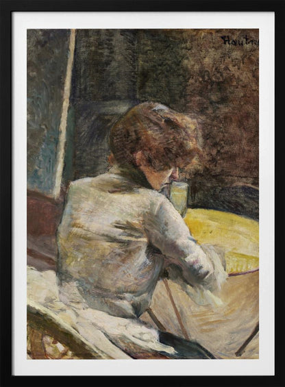 An oil painting in a Post-Impressionist style depicting a woman with reddish-brown hair, seen from behind. She is wearing a white blouse and is seated at a yellow table, leaning forward to look at her drink. The background is dark and textured, and the artist's signature is in the top right. Wall Art