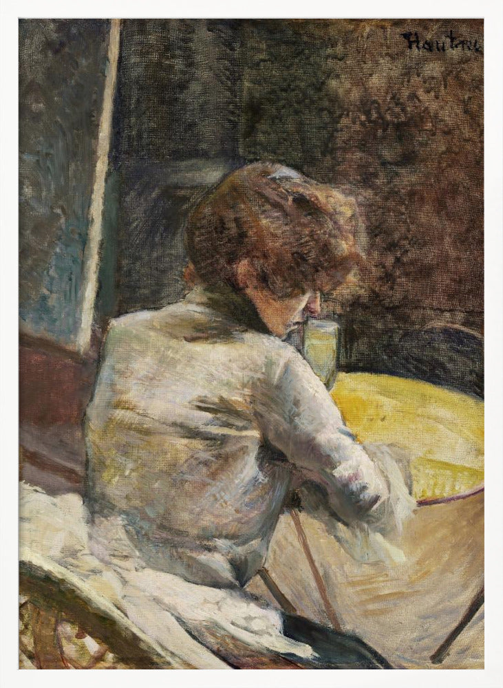 An oil painting in a Post-Impressionist style depicting a woman with reddish-brown hair, seen from behind. She is wearing a white blouse and is seated at a yellow table, leaning forward to look at her drink. The background is dark and textured, and the artist's signature is in the top right. Wall Art