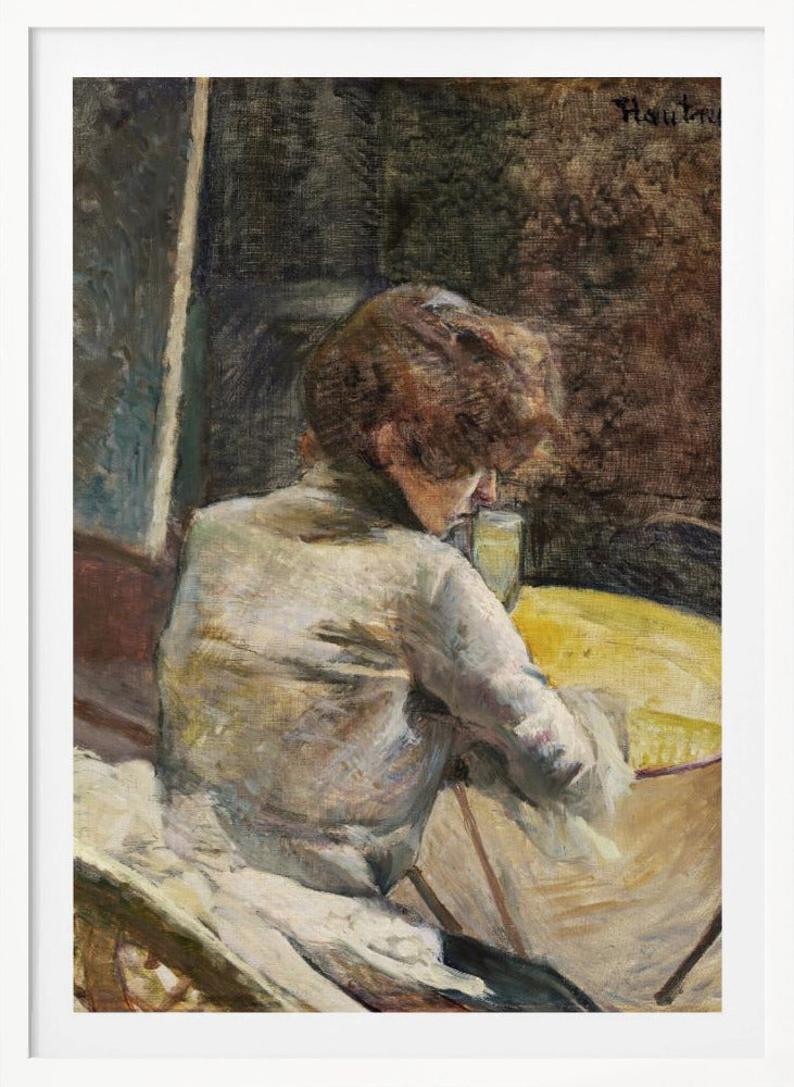 An oil painting in a Post-Impressionist style depicting a woman with reddish-brown hair, seen from behind. She is wearing a white blouse and is seated at a yellow table, leaning forward to look at her drink. The background is dark and textured, and the artist's signature is in the top right. Wall Art