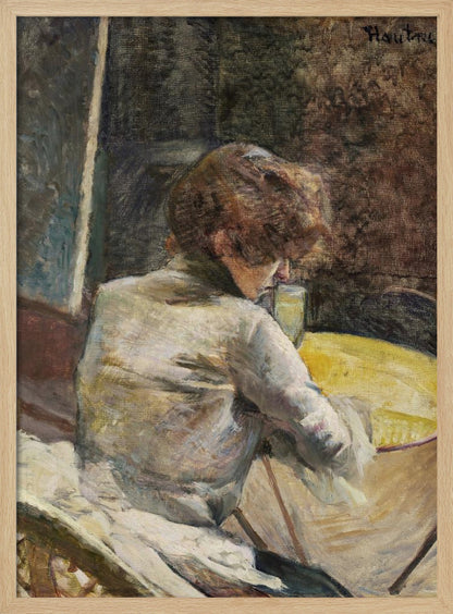 An oil painting in a Post-Impressionist style depicting a woman with reddish-brown hair, seen from behind. She is wearing a white blouse and is seated at a yellow table, leaning forward to look at her drink. The background is dark and textured, and the artist's signature is in the top right. Wall Art