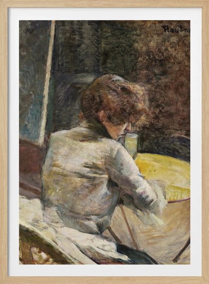 An oil painting in a Post-Impressionist style depicting a woman with reddish-brown hair, seen from behind. She is wearing a white blouse and is seated at a yellow table, leaning forward to look at her drink. The background is dark and textured, and the artist's signature is in the top right. Wall Art