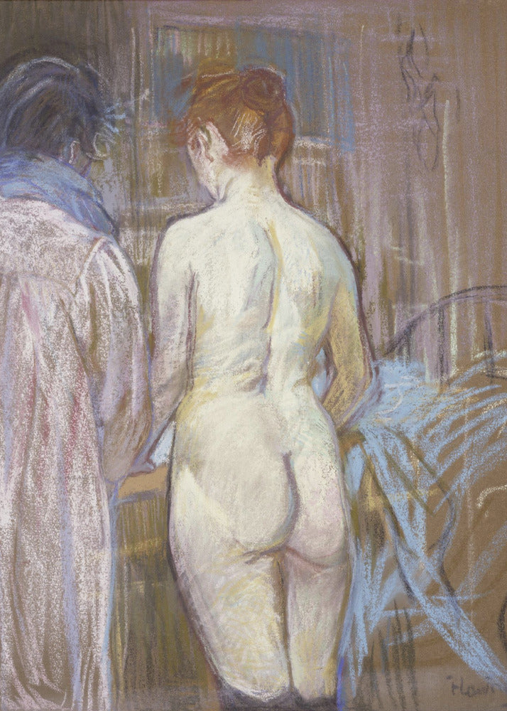 A pastel artwork by Henri de Toulouse-Lautrec, 'Rousse (La Toilette)', depicting a nude woman with red hair from the back. Beside her stands a clothed figure. The scene is rendered in soft, blended strokes of brown, beige, pink, and blue, creating an intimate, impressionistic atmosphere. Wall Art