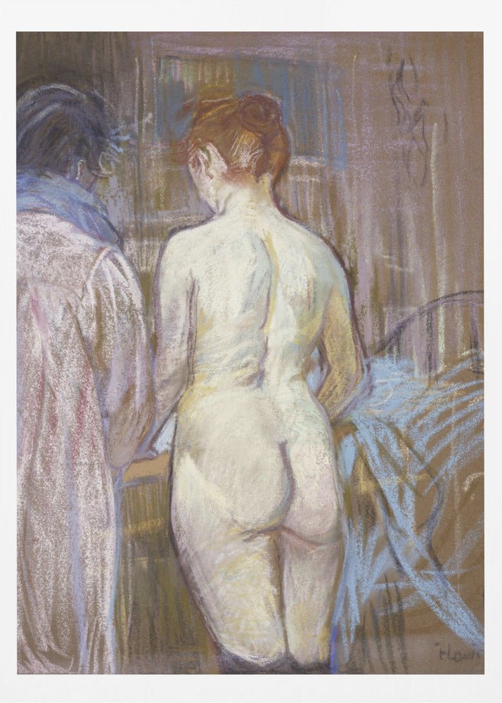 A pastel artwork by Henri de Toulouse-Lautrec, 'Rousse (La Toilette)', depicting a nude woman with red hair from the back. Beside her stands a clothed figure. The scene is rendered in soft, blended strokes of brown, beige, pink, and blue, creating an intimate, impressionistic atmosphere. Wall Art
